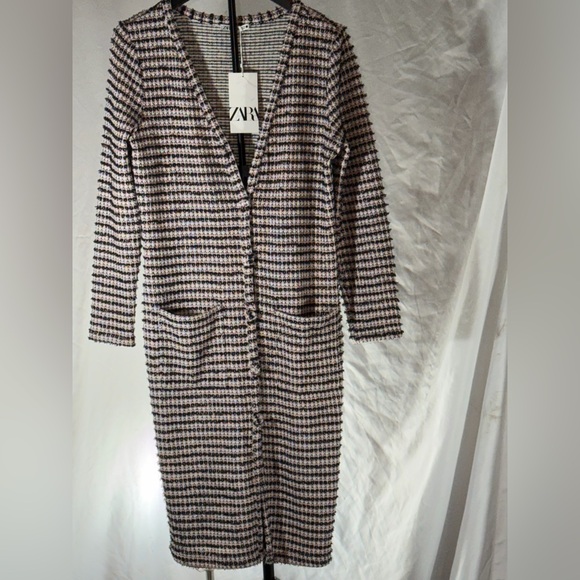 Zara Black and Pink Striped Tweed Knit Cardigan Dress NWT Size Small - Picture 3 of 12